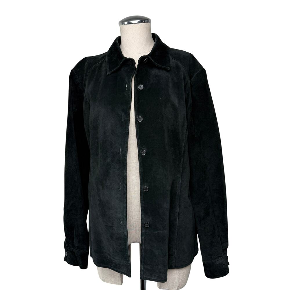 Alfani Black Suede Leather Button Shirt Jacket Petite L Minimalist 90s